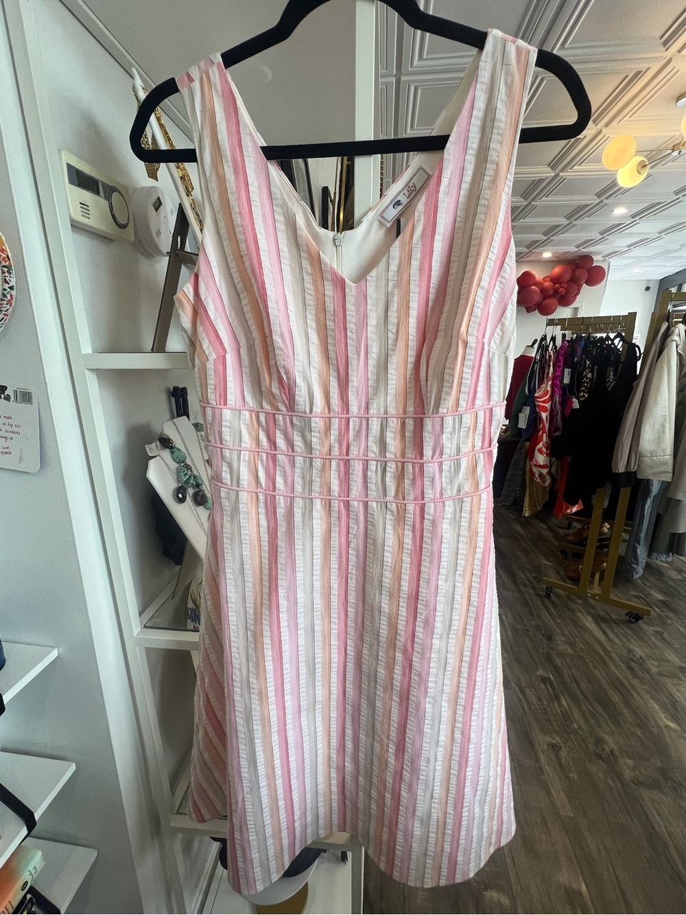 Lily Striped V-Neck Dress in Pink, White and Tan
